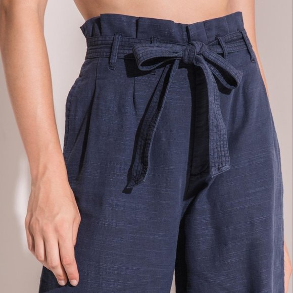 NWT RAG POETS LINEN BLEND DARK BLUE CROPPED PAPERBAG PANTS WIDE LEG EASY BREEZY - Picture 4 of 12